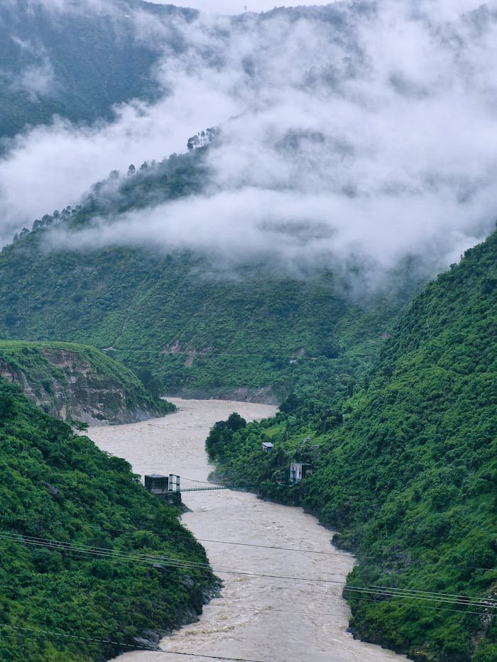 Serene mist over lush green Himalayan valley with river flowing through, captured in Uttarakhand, India.
